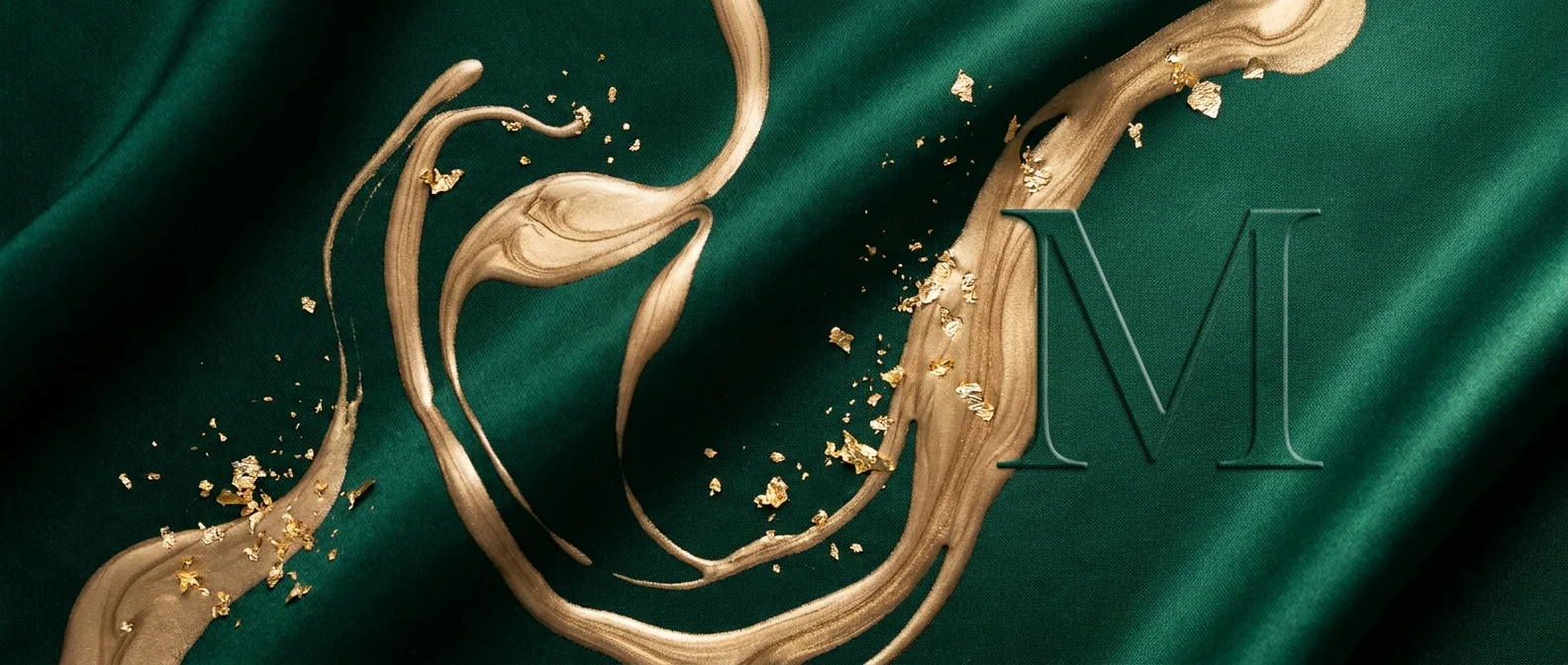 Elegant Silk Background | CAQA Groups An elegant green silk drape with golden swirls and the letter 'M' creates a luxurious backdrop.