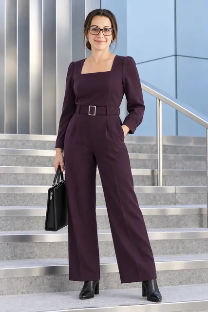Michelle Newman | CAQA Groups Michelle Newman poses in a plum jumpsuit on city steps, showcasing professional business attire.