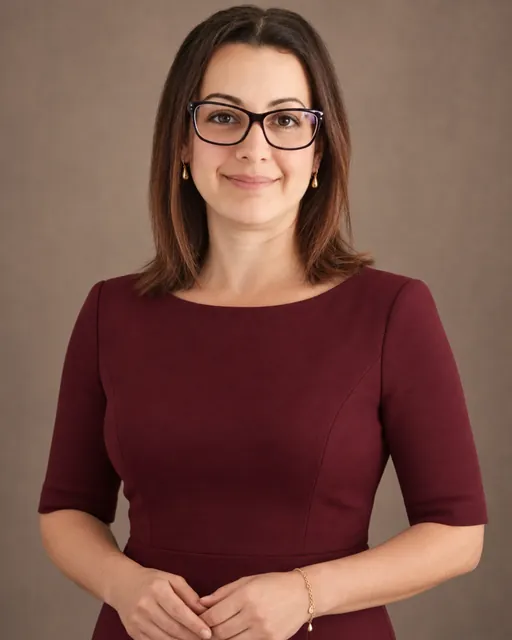 Michelle Newman, Managing Director of CAQA Groups, smiles for a professional headshot wearing glasses and a burgundy dress.