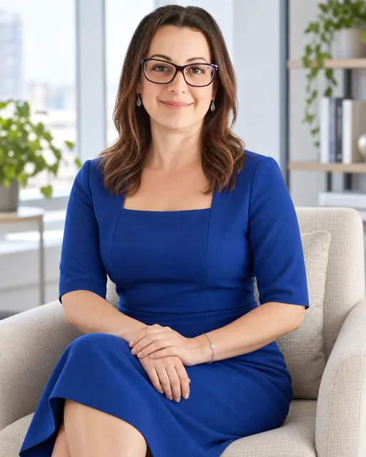 Michelle Newman | CAQA Groups Michelle Newman, Managing Director, is seated in an armchair wearing a blue dress and glasses.