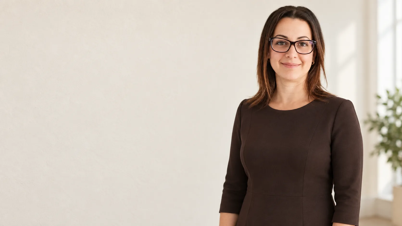 Michelle Newman, Managing Director, smiles at the camera wearing a dark dress and glasses.